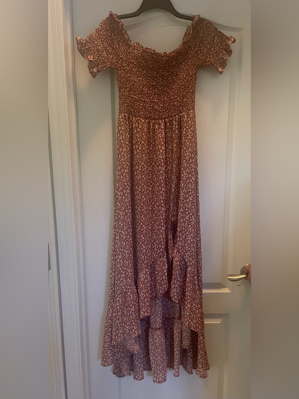Francesca's Collections Mi Ami Rust Floral Off-the-Shoulder High-Low Maxi